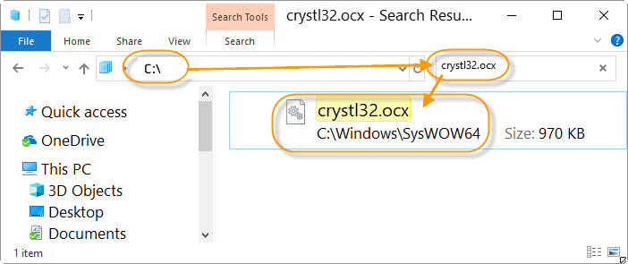 Search หาไฟล์ crystl32.ocx ในไดรฟ์ C